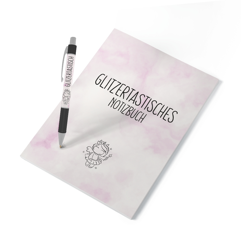  Glitzertastisches Notizbuch A5 mit passendem glitzernden Kugelschreiber – perfektes Set für kreative Gedanken und stilvolle Notizen - Einhorn Mina Set